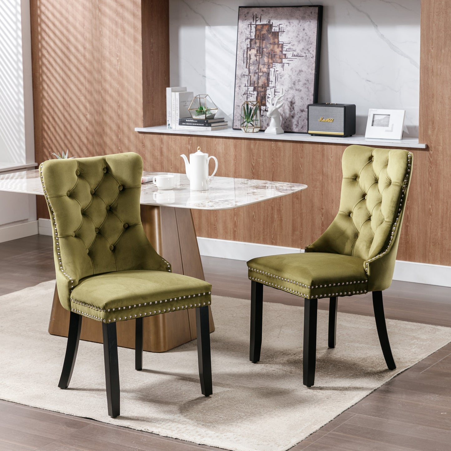 Nikki Collection Modern, High-end Tufted Solid Wood Contemporary Velvet Upholstered Dining Chair with Wood Legs Nailhead Trim 2-Pcs Set,Olive-Green,SW2001OL