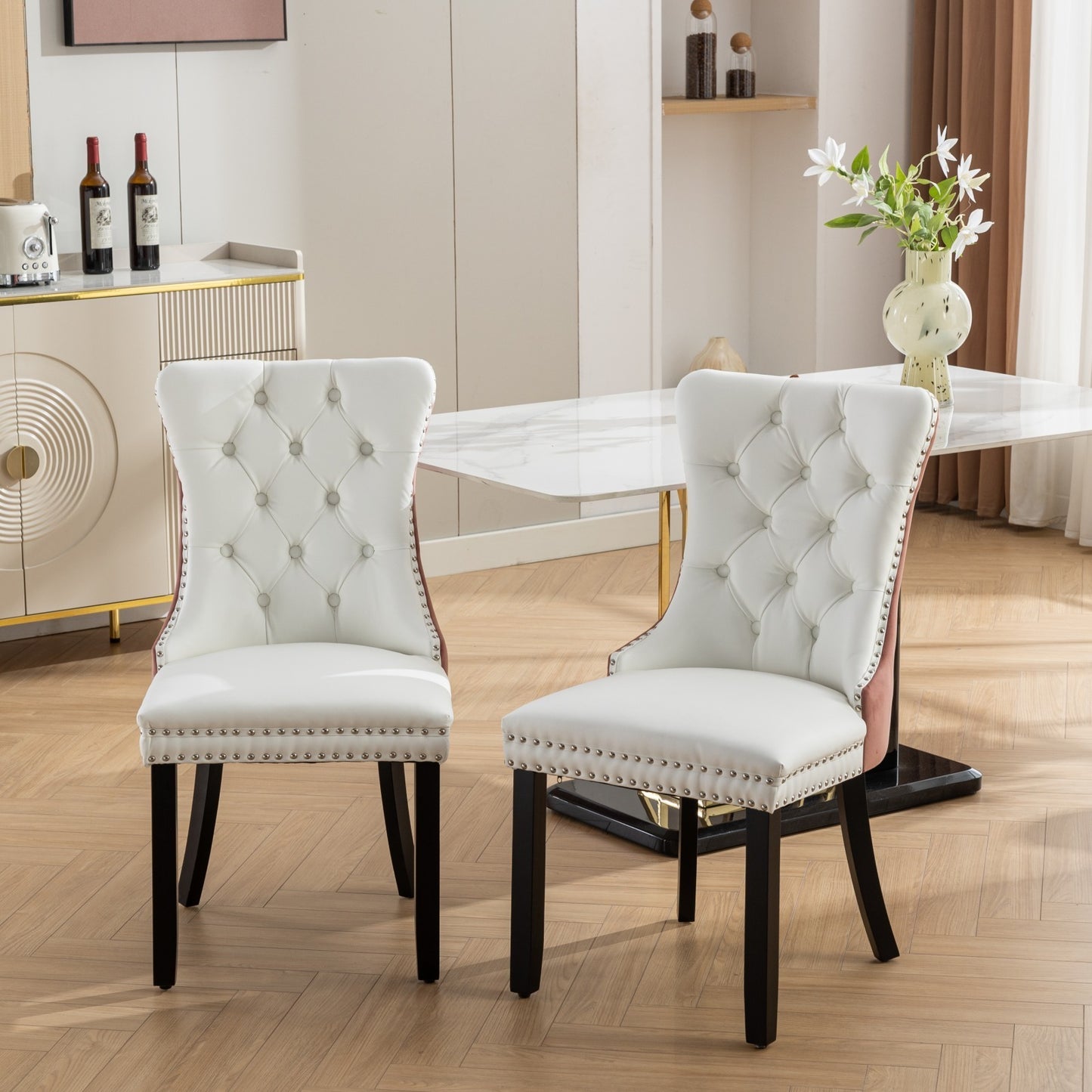 A&A Furniture, Nikki Collection Modern, High-end Tufted Solid Wood Contemporary PU and Velvet Upholstered Dining Chair with Wood Legs Nailhead Trim  2-Pcs Set, White+Pink, SW2101WP