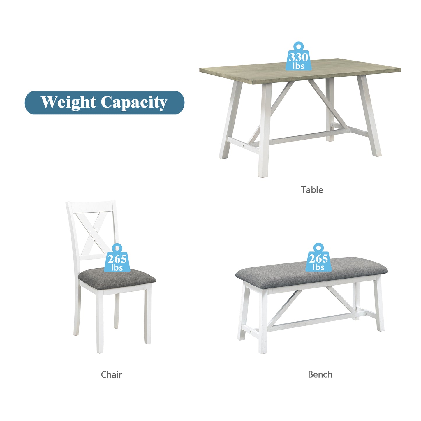 TOPMAX 6 Piece Dining Table Set Wood Dining Table and chair Kitchen Table Set with Table, Bench and 4 Chairs, Rustic Style,White+Gray