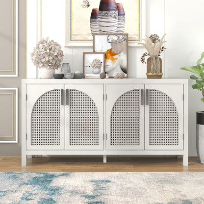 TREXM Large Storage Space Sideboard with Artificial Rattan Door and Metal Handles for Living Room and Entryway (White)