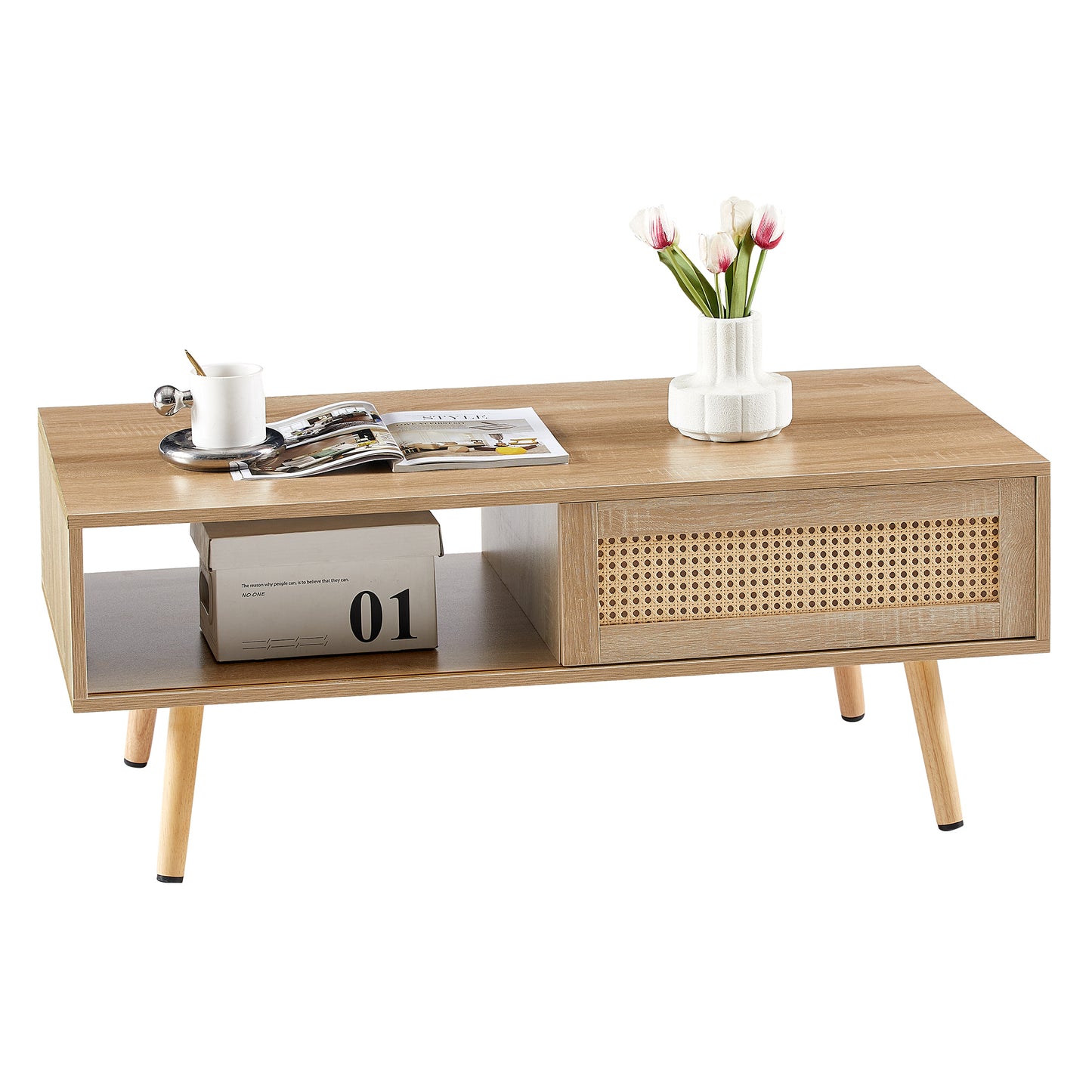 41.34" Rattan Coffee table, sliding door for storage, solid wood legs, Modern table  for living room , natural