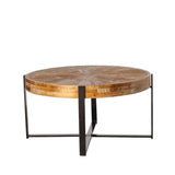 33.46"Retro drawing technology Splicing Round Coffee Table,Fir Wood Table Top with Black Cross Legs Base