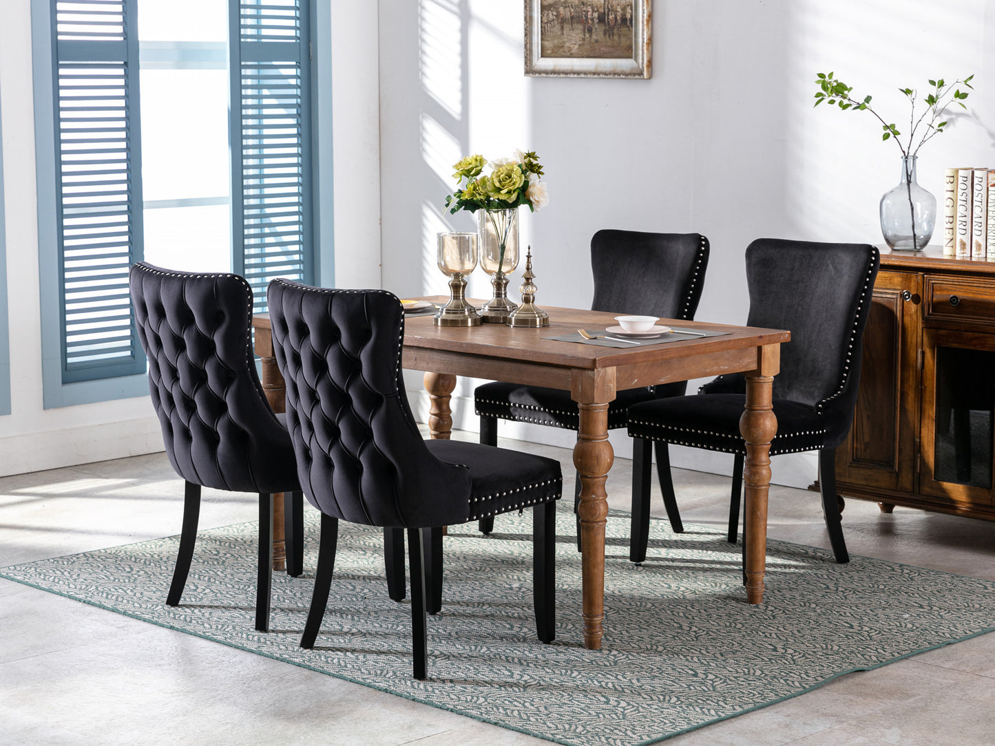 Upholstered Wing-Back Dining Chair with Backstitching Nailhead Trim and Solid Wood Legs,Set of 2, Black,SW8809BK, KD