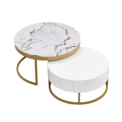 Modern Round  Nesting Coffee Table with Drawers in White