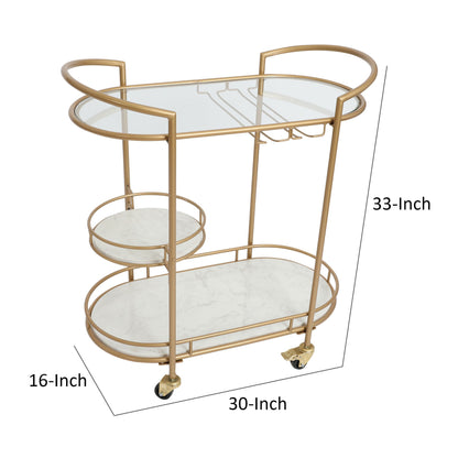 30 Inch 3 Tier Bar Cart with Matte Gold Metal Frame, White Marble and Glass Shelves