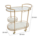 30 Inch 3 Tier Bar Cart with Matte Gold Metal Frame, White Marble and Glass Shelves