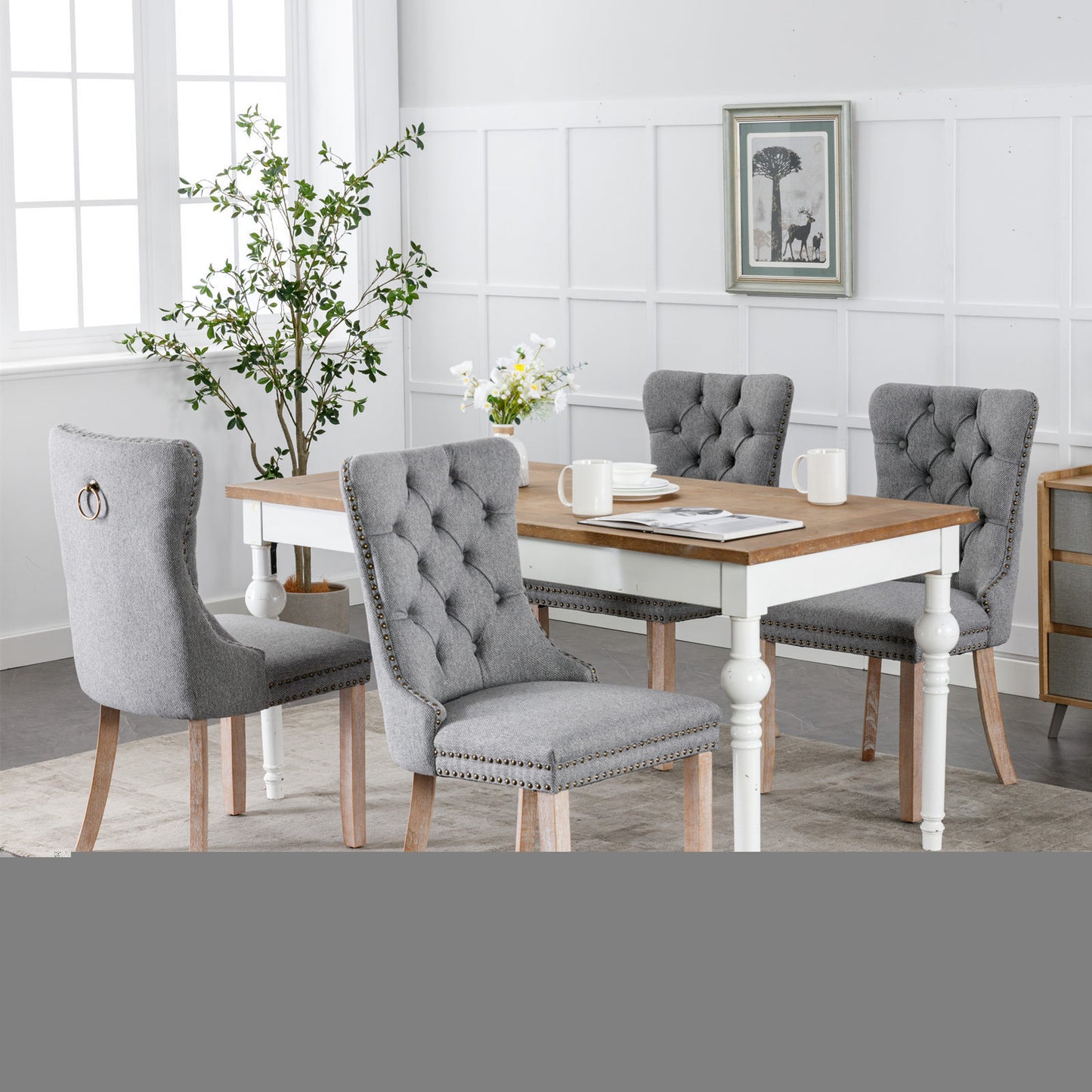 Nikki Collection Modern, High-end Tufted Solid Wood Contemporary Flax Upholstered Linen Dining Chair with Wood Legs Nailhead Trim 2-Pcs Set,Gray, SW6801GY