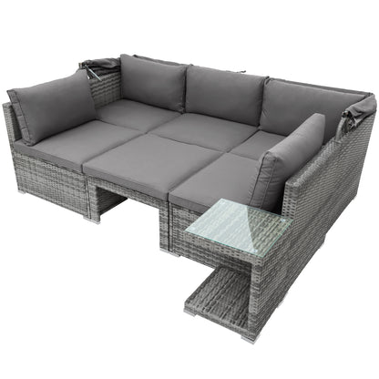 TOPMAX 5 Pieces Outdoor Sectional Patio Rattan Sofa Set Rattan Daybed , PE Wicker Conversation Furniture Set w/ Canopy and Tempered Glass Side Table, Gray