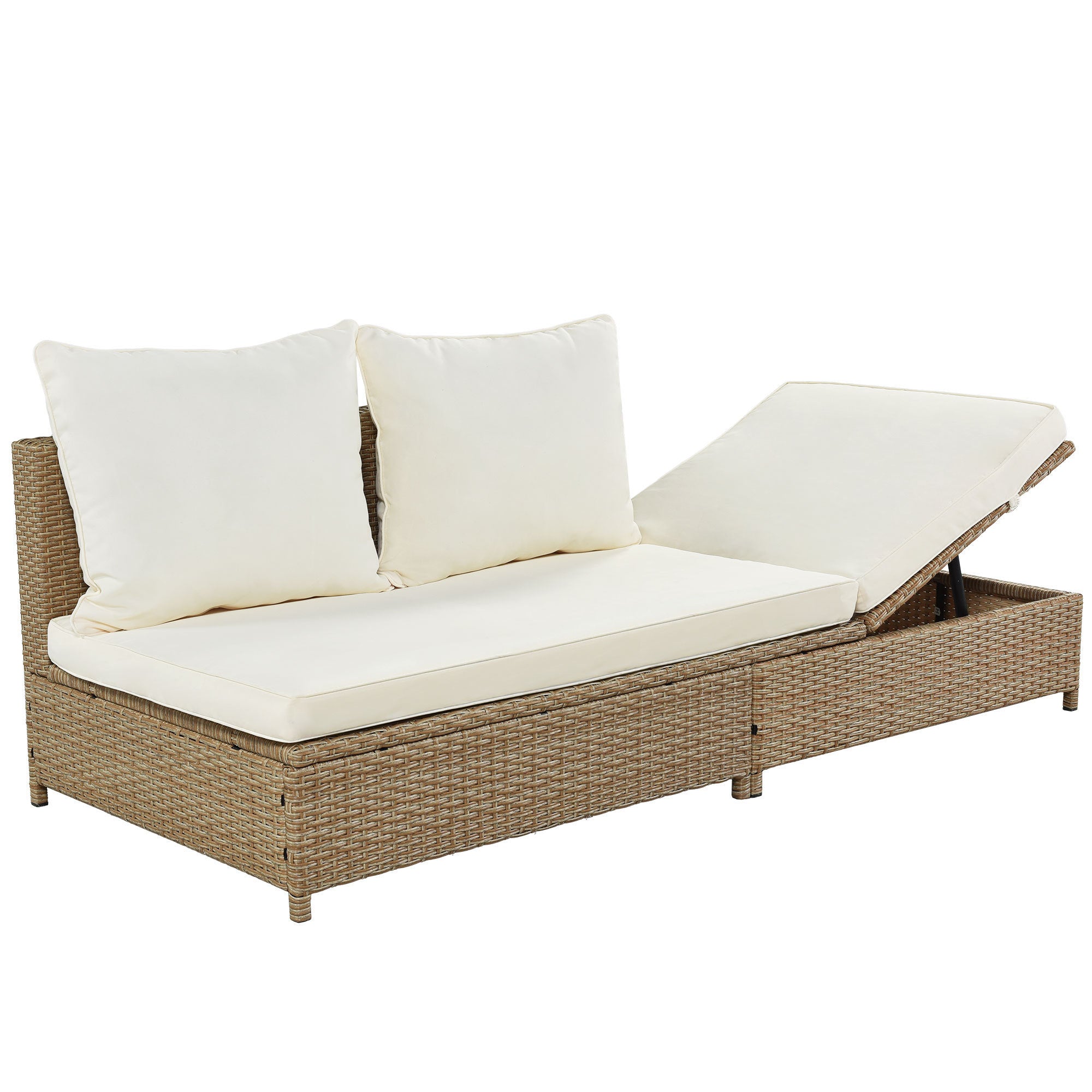 TOPMAX Patio 3-Piece Rattan Sofa Set All Weather PE Wicker Sectional Set with Adjustable Chaise Lounge Frame and Tempered Glass Table, Natural Brown+ Beige Cushion