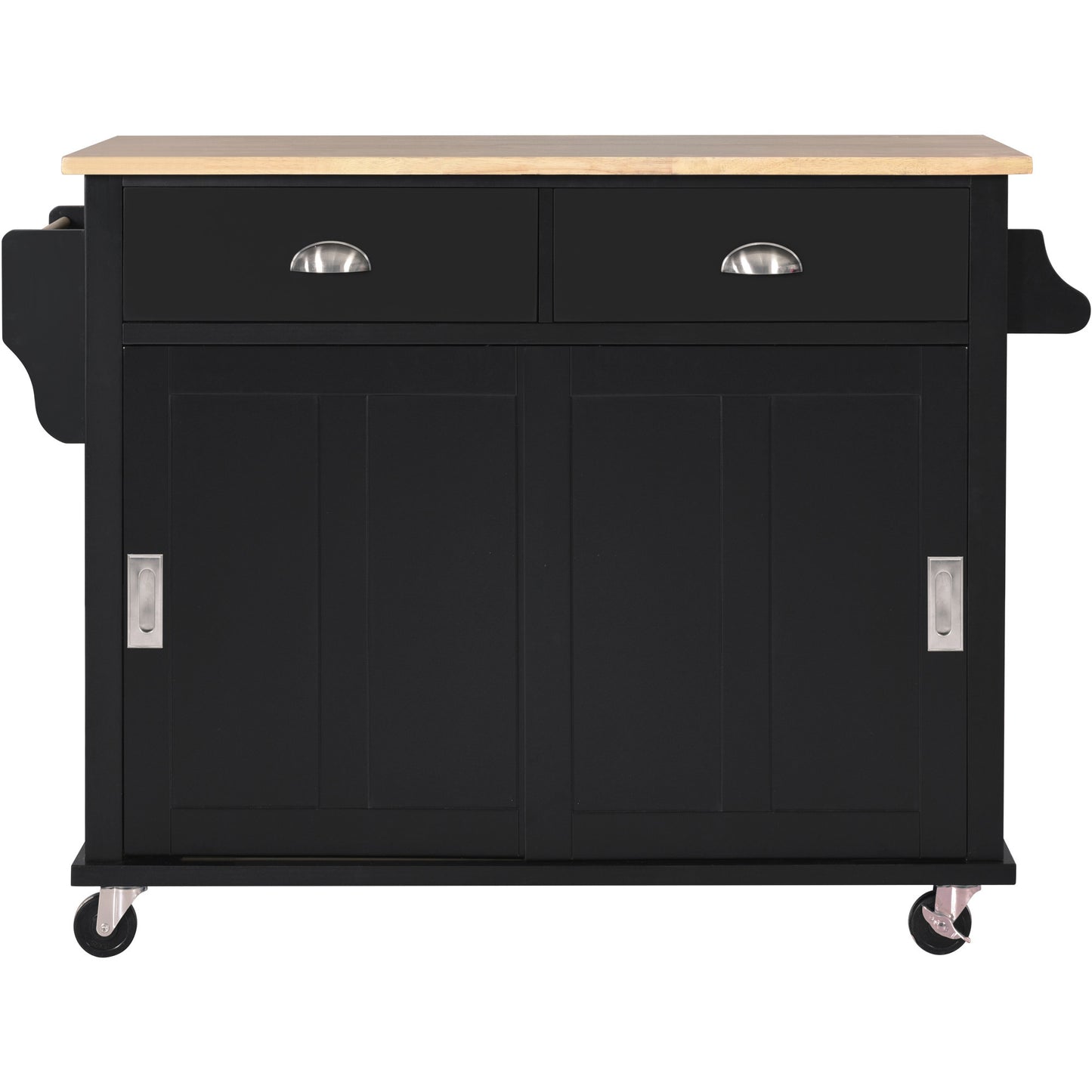 Kitchen Cart with Rubber wood Drop-Leaf Countertop, Concealed sliding barn door adjustable height,Kitchen Island on 4 Wheels with Storage Cabinet and 2 Drawers,L52.2xW30.5xH36.6 inch, Black