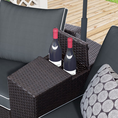 TOPMAX 6 Pieces Outdoor Sectional Half Round Patio Rattan Sofa Set, PE Wicker Conversation Furniture Set w/ One Storage Side Table for Umbrella and One Multifunctional Round Table, Brown+ Gray