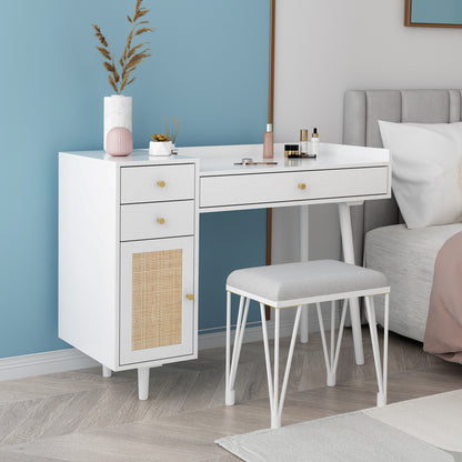 Makeup Vanity with Drawers, Mid-Century Dressing Table White Wood Desk with Rattan Door