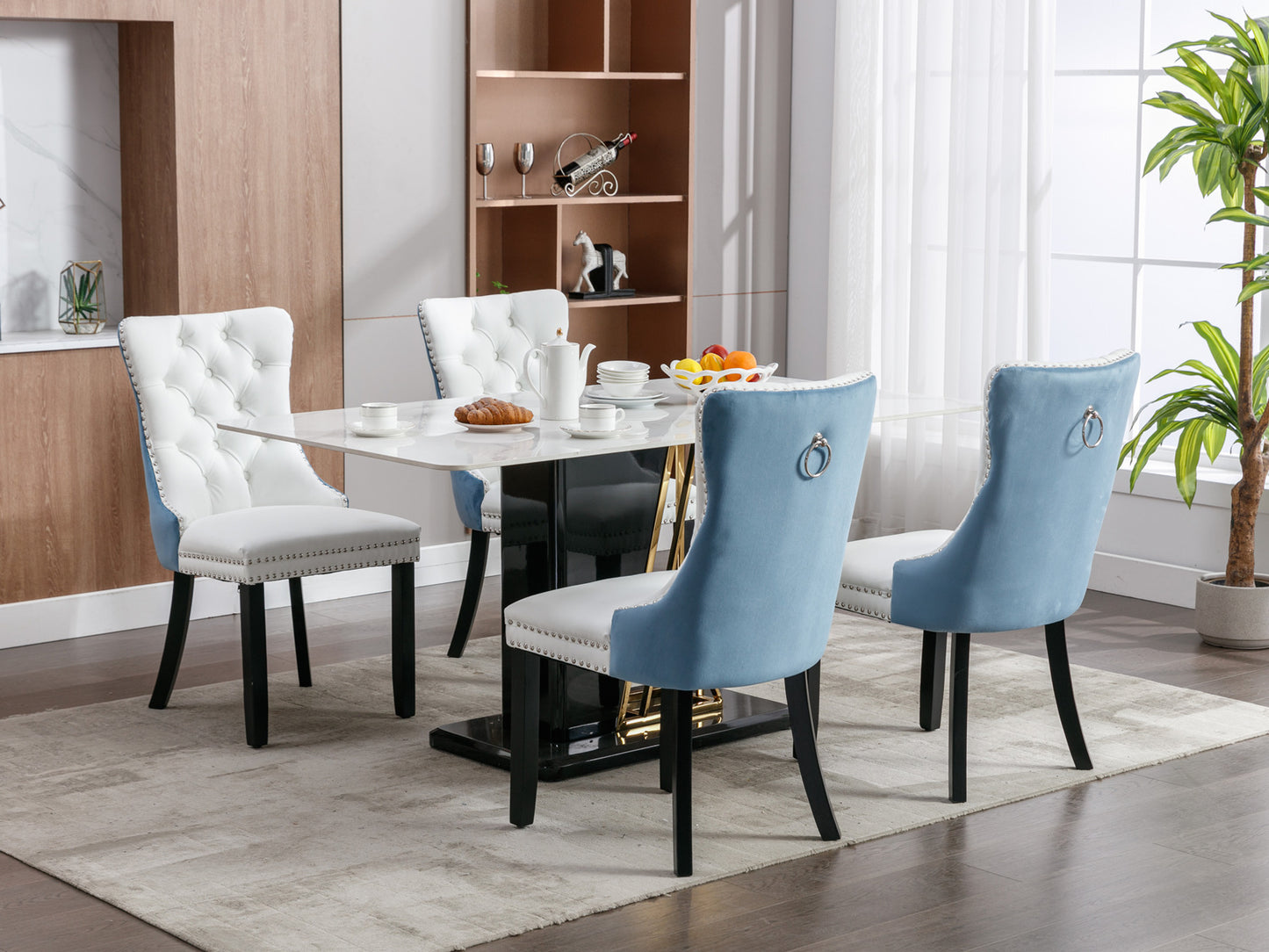 A&A Furniture,Nikki Collection Modern, High-end Tufted Solid Wood Contemporary PU and Velvet Upholstered Dining Chair with Wood Legs Nailhead Trim  2-Pcs Set, White+Light Blue, SW2101WL