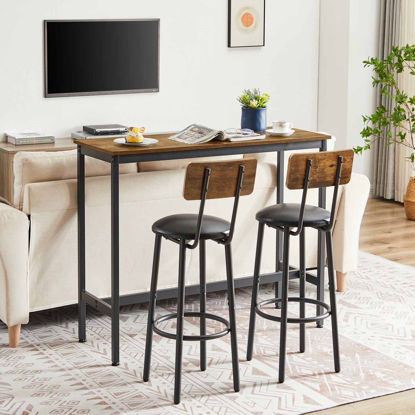 Bar Table Set with 2 Bar stools PU Soft seat with backrest, Rustic Brown,43.31'' L x 15.75'' W x 23.62'' H.