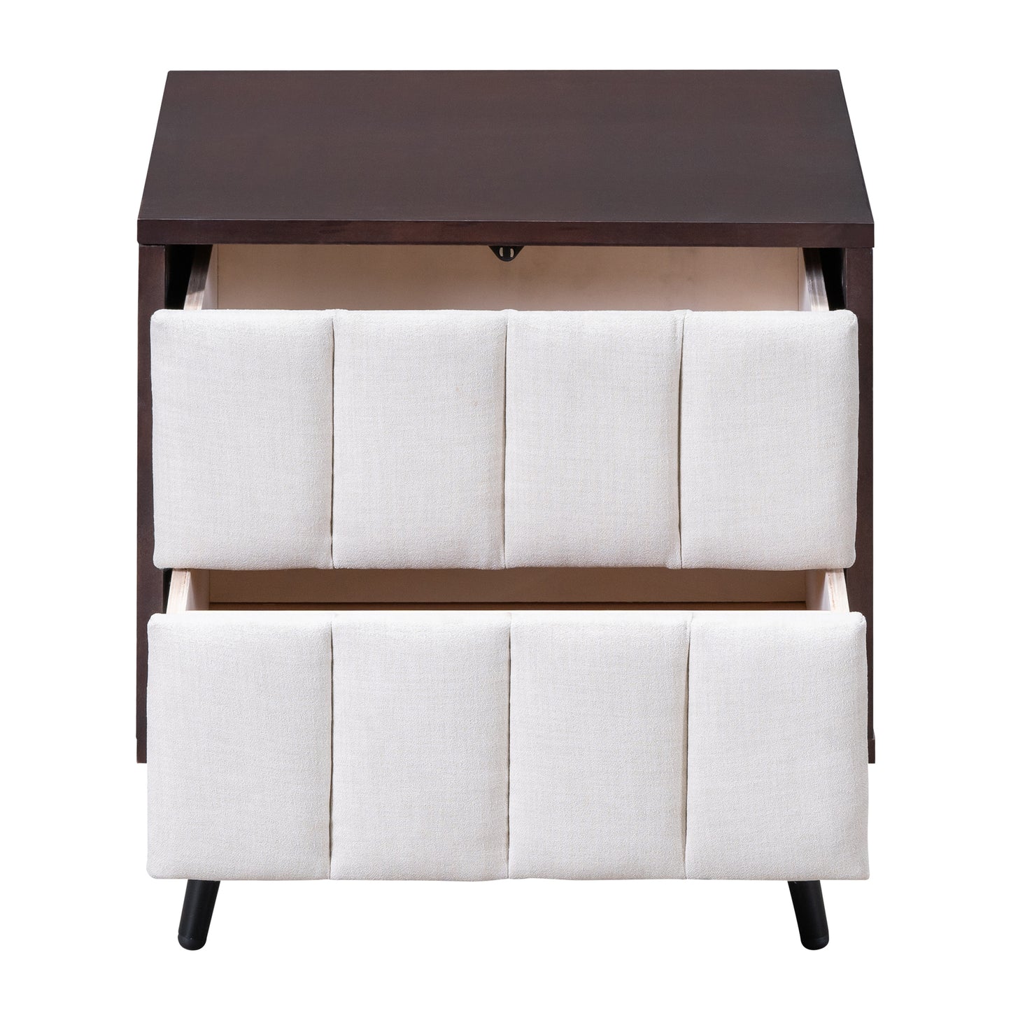 2-Drawer Nightstand for Bedroom, Mordern Wood+Linen Bedside Table with Classic Design,Walnut+Beige