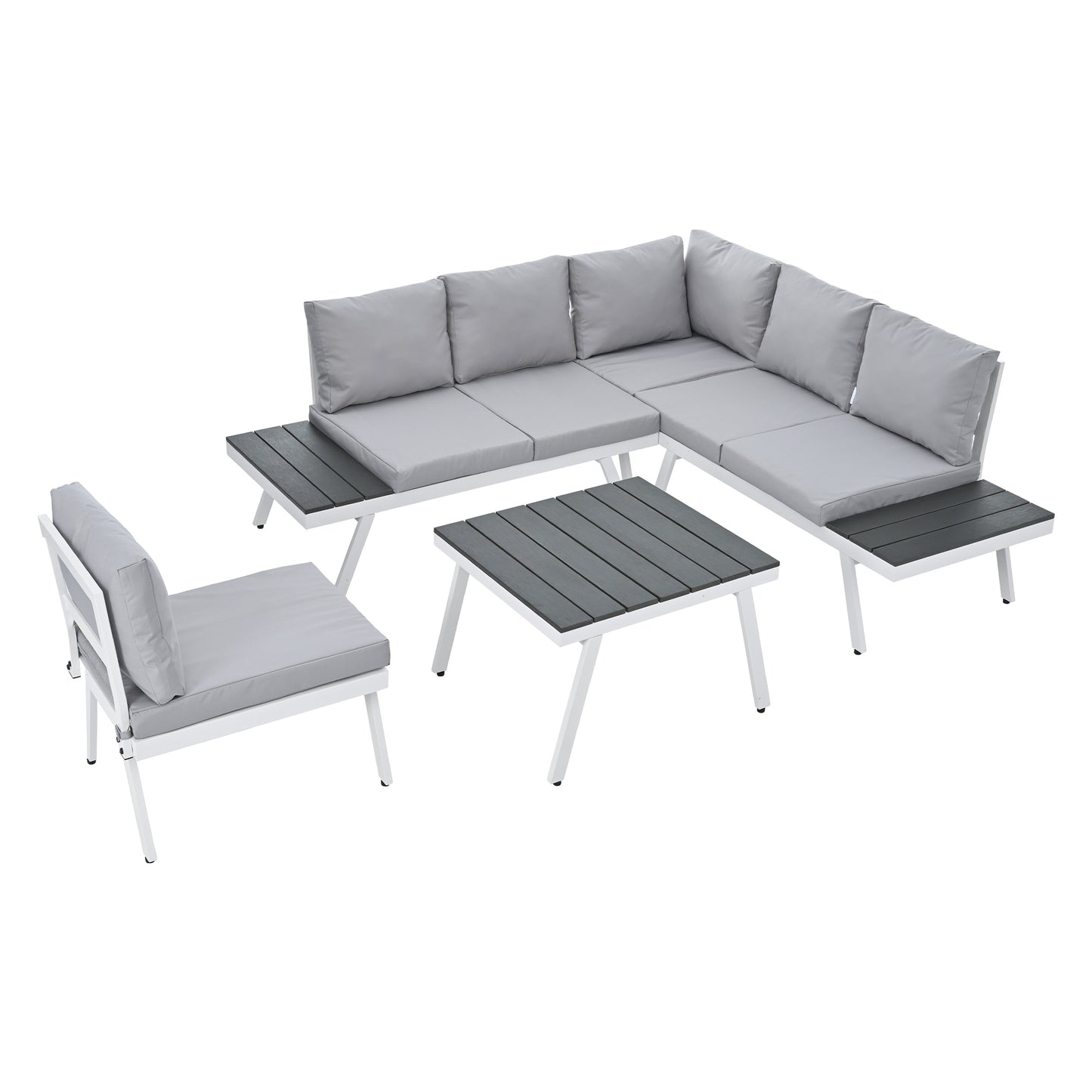 TOPMAX Industrial 5-Piece Aluminum Outdoor Patio Furniture Set, Modern Garden Sectional Sofa Set with End Tables, Coffee Table and Furniture Clips for Backyard, White+Grey