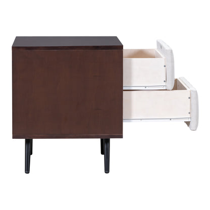 2-Drawer Nightstand for Bedroom, Mordern Wood+Linen Bedside Table with Classic Design,Walnut+Beige