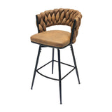 Technical Leather Woven Bar Stool Set of 2,Black legs Barstools No Adjustable Kitchen Island Chairs,360 Swivel Bar Stools Upholstered Bar Chair Counter Stool Arm Chairs with Back Footrest, (Brown)