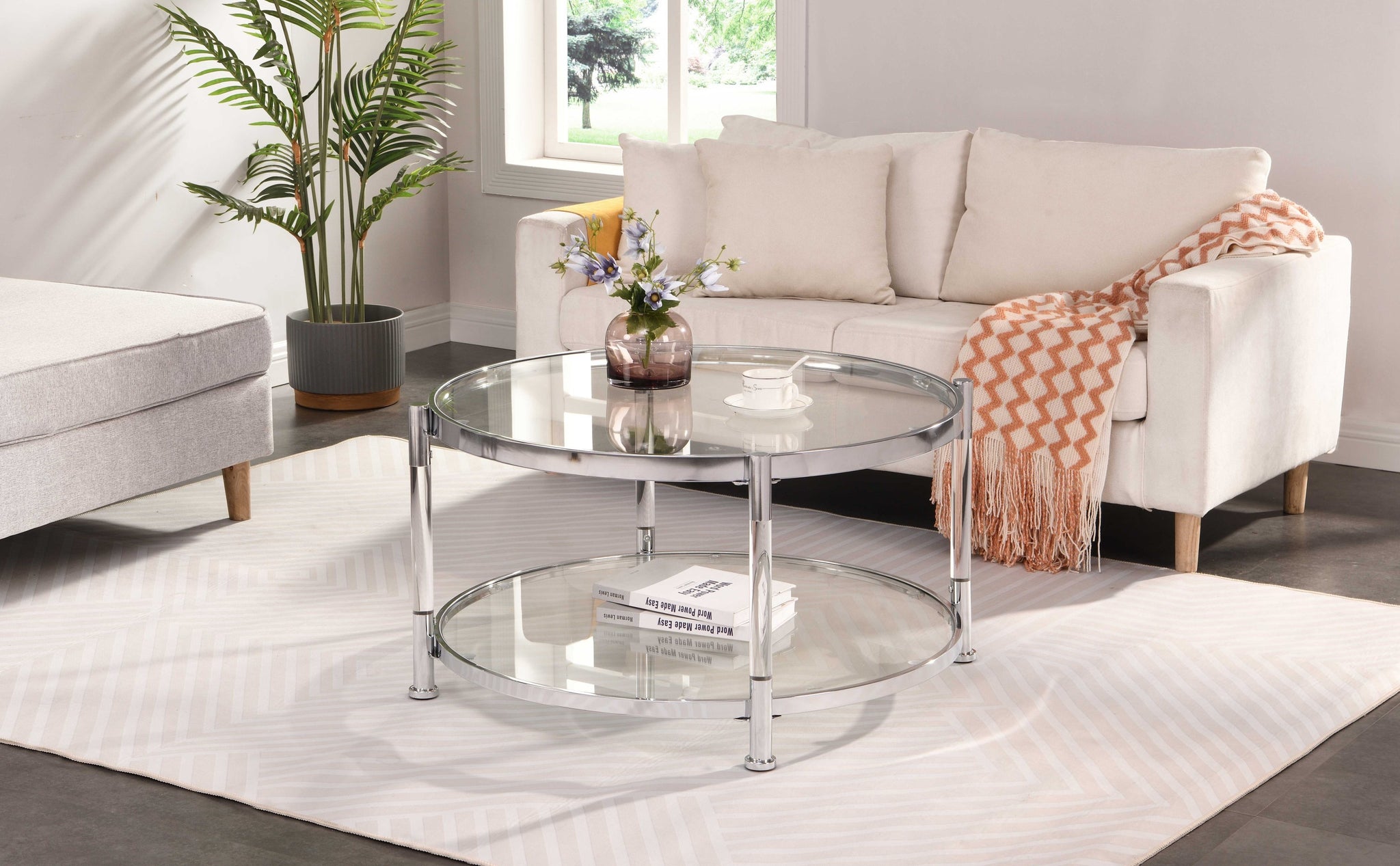 W82153572 Contemporary Acrylic Coffee Table, 32.3'' Round Tempered Glass Coffee Table, Chrome/Silver  Coffee Table for Living Room