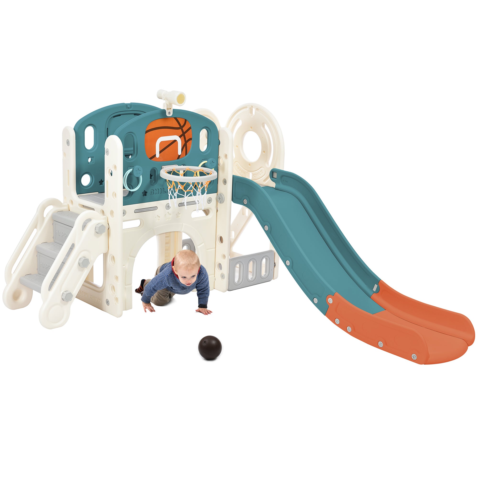 Kids Slide Playset Structure, Freestanding Castle Climbing Crawling Playhouse with Slide, Arch Tunnel, Ring Toss, and Basketball Hoop, Toy Storage Organizer for Toddlers, Kids Climbers Playground