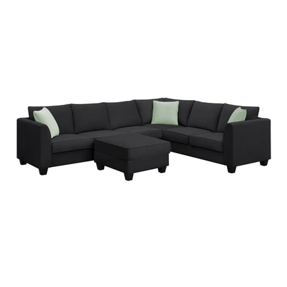 [VIDEO provided] 112*87" Sectional Sofa Couches Living Room Sets, 7 Seats Modular Sectional Sofa with Ottoman, L Shape Fabric Sofa Corner Couch Set with 3 Pillows, Black(New of GS008210AAB)