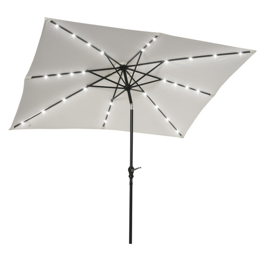 Outsunny 9' x 7' Solar Umbrella, LED Lighted Patio Umbrella for Table or Base with Tilt & Crank, Outdoor Umbrella for Garden, Deck, Backyard, Pool, Beach, White