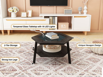 Modern Coffee Table, 31.49" Hexagon Coffee Table Smart Coffee Table with Voice-Activated Sensor LED Lighting 16-Color LED Lights and Bluetooth Connection for Living Room, Reception Room