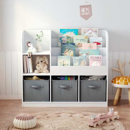 Kids Bookcase and Bookshelf, Multifunctional Bookcase with 3 Collapsible Fabric Drawers, Bookcase Display Stand, Toy Storage Organizer for Bedroom, Playroom, Hallway (White/Gray)