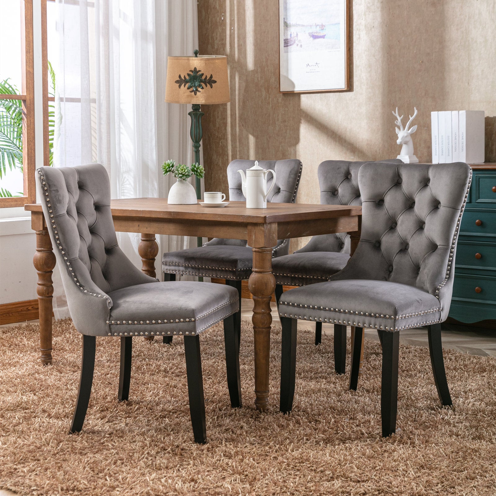 Nikki Collection Modern, High-end Tufted Solid Wood Contemporary Velvet Upholstered Dining Chair with Wood Legs Nailhead Trim 2-Pcs Set,Gray, SW2001GY