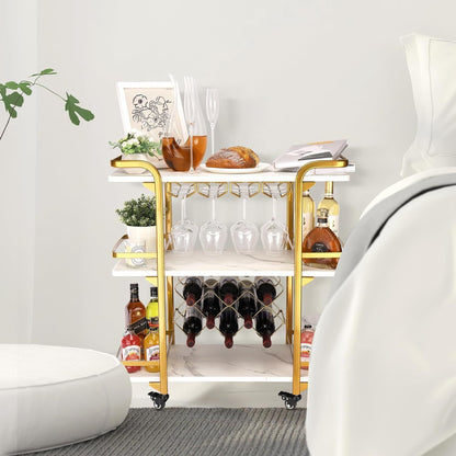 Gold Bar Cart with 3 Tiers for Stylish Storage, Home Bar Serving Cart with 4 Rows of Glass Holders & 8 Wine Racks, Modern Marbled Solid Wood Cart on Lockable Wheels, Coffee Bar Cart for Kitchen