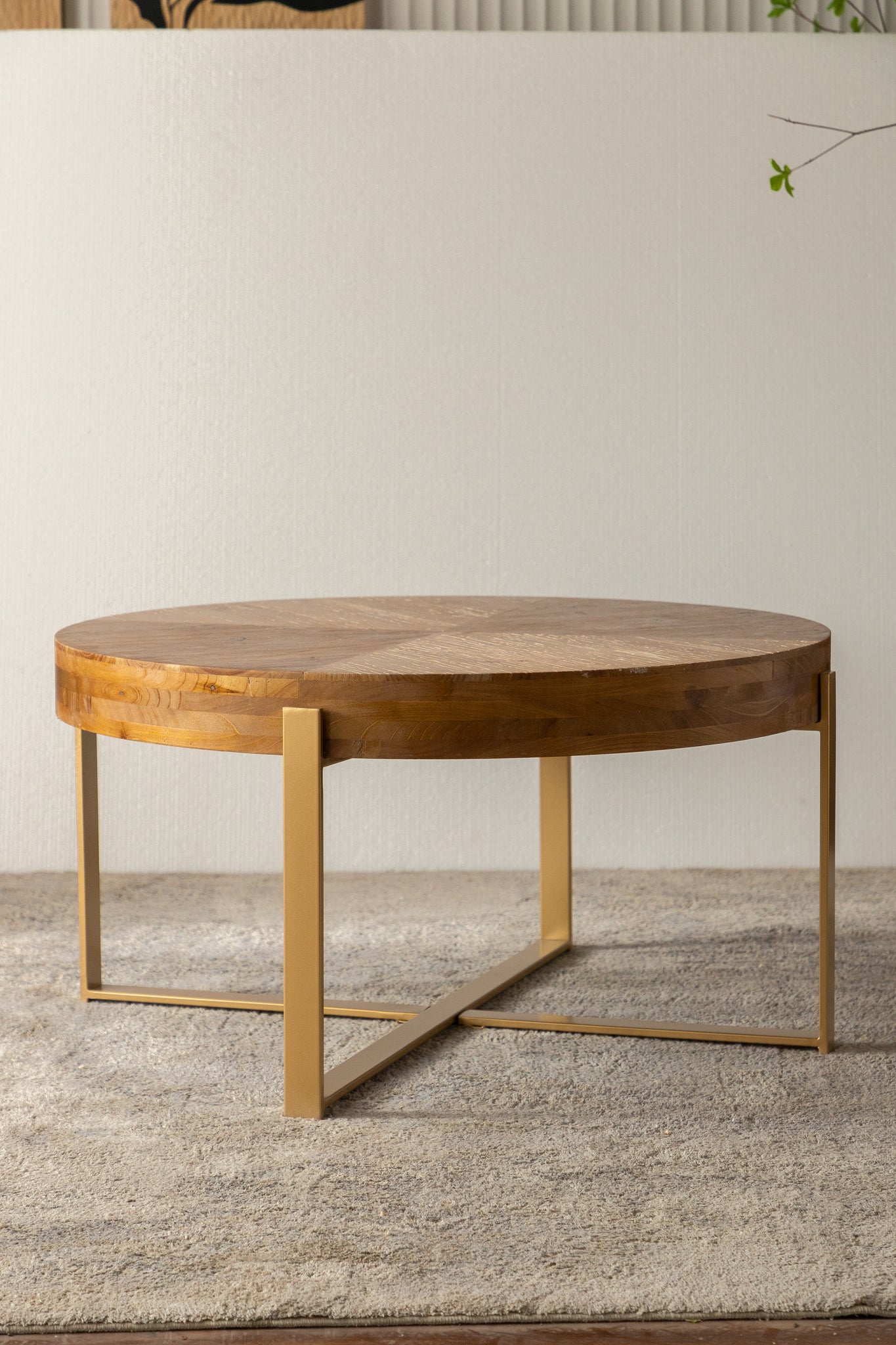 33.86"Modern Retro Splicing Round Coffee Table,Fir Wood Table Top with Gold Cross Legs Base(Same SKU:W757127348)