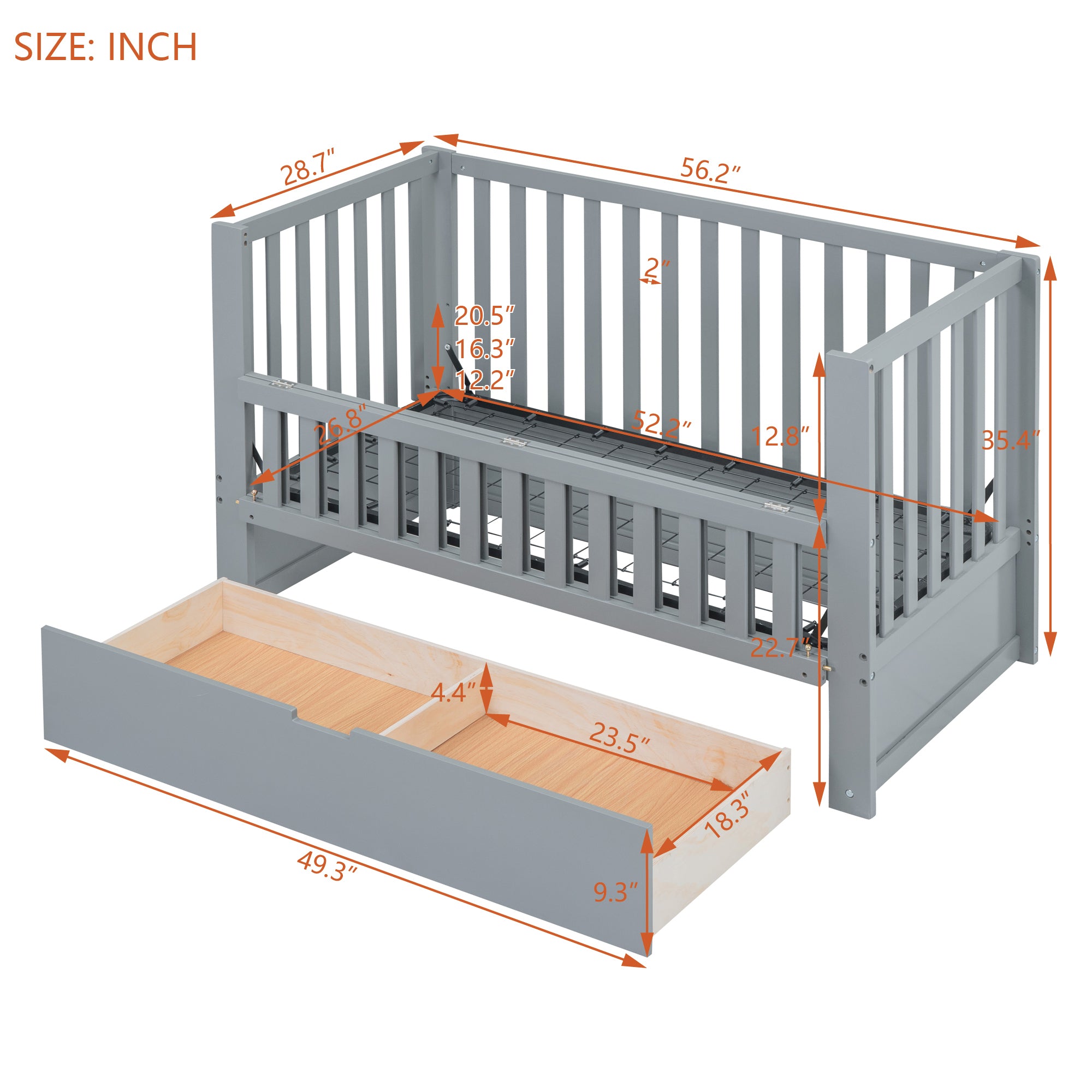 Convertible Crib/Full Size Bed with Drawers and 3 Height Options, Gray