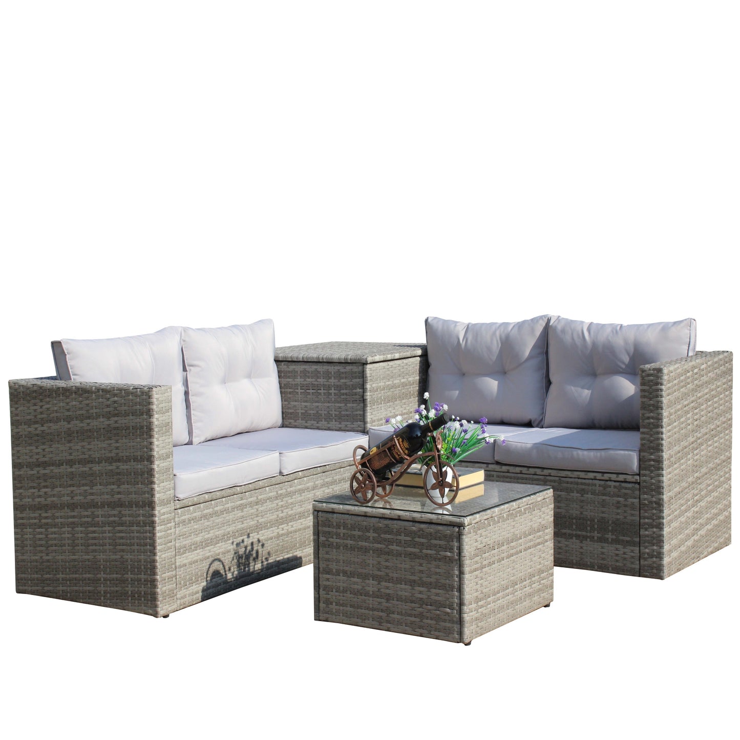 4 Piece Patio Sectional Wicker Rattan Outdoor Furniture Sofa Set with Storage Box Grey