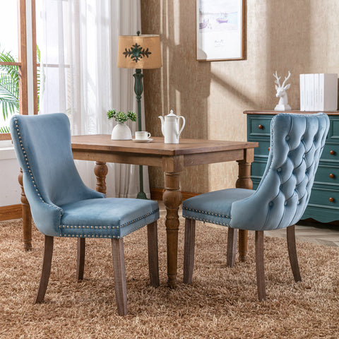 A&A Furniture,Upholstered Wing-Back Dining Chair with Backstitching Nailhead Trim and Solid Wood Legs,Set of 2, Light Blue,SW8809LB, KD