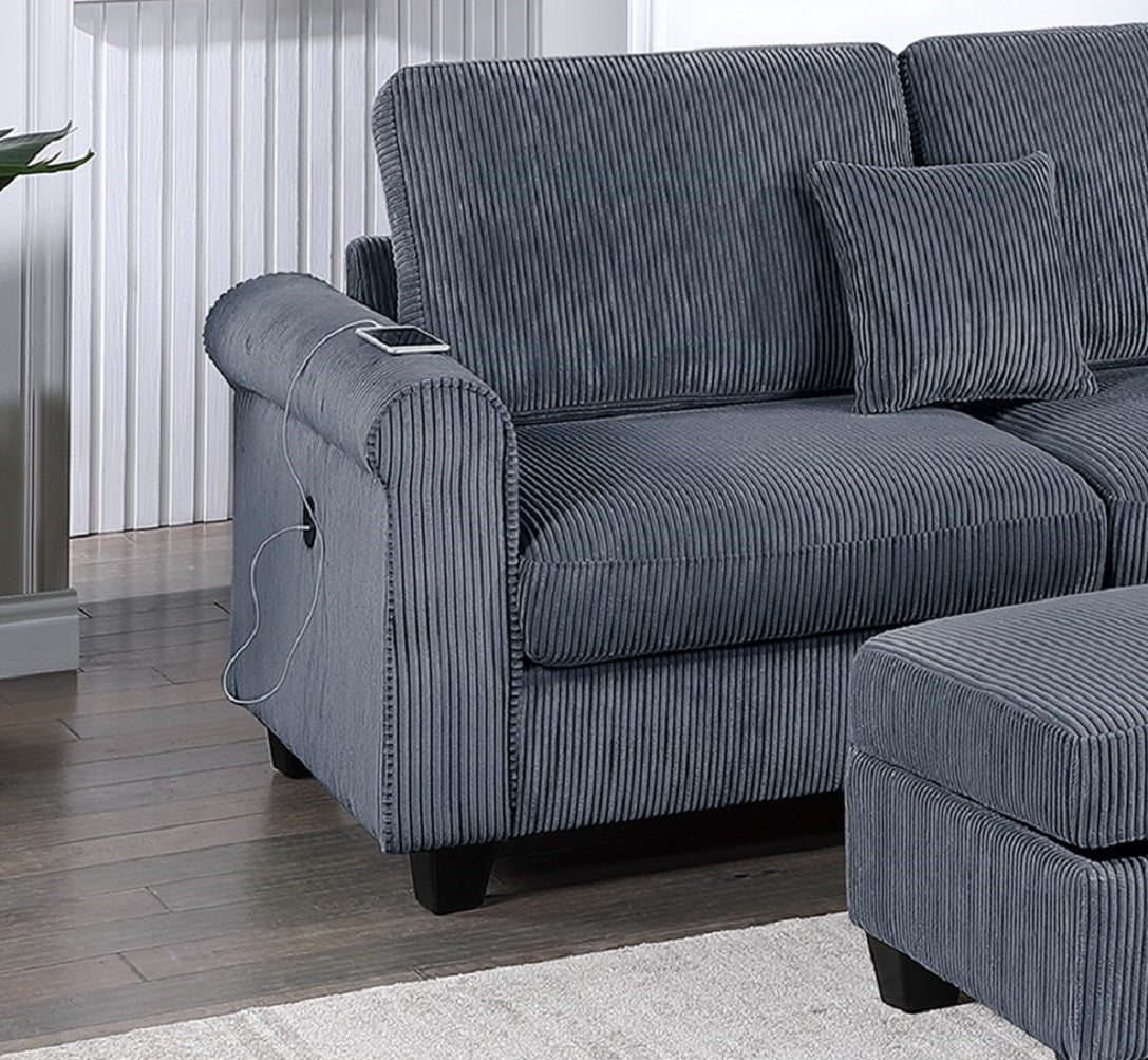 Contemporary Dark Gray 3pc Sectional Set Corduroy Upholstered LAF Sofa RAF Chaise Ottoman L-Sectional Living Room Furniture