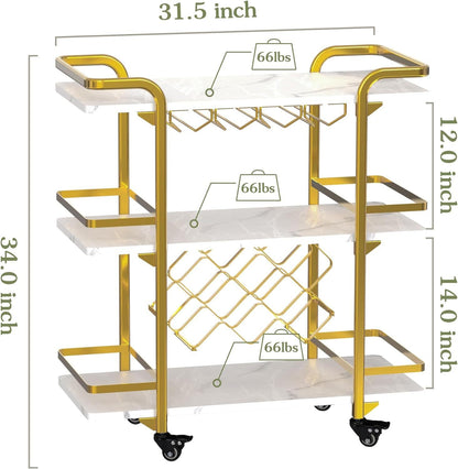 Gold Bar Cart with 3 Tiers for Stylish Storage, Home Bar Serving Cart with 4 Rows of Glass Holders & 8 Wine Racks, Modern Marbled Solid Wood Cart on Lockable Wheels, Coffee Bar Cart for Kitchen