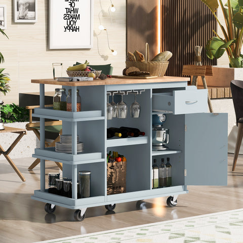 Multipurpose Kitchen Cart Cabinet with Side Storage Shelves,Rubber Wood Top, Adjustable Storage Shelves, 5 Wheels, Kitchen Storage Island with Wine Rack for Dining Room, Home,Bar,Grey Blue