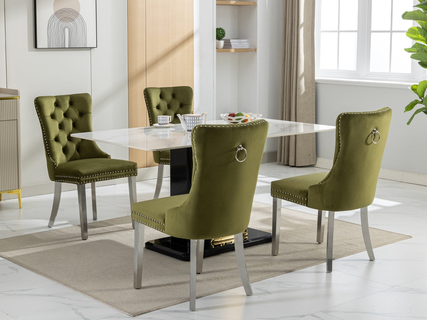 Nikki Collection Modern, High-end Tufted Solid Wood Contemporary Velvet Upholstered Dining Chair with Chrome Stainless Steel Plating Legs,Nailhead Trim,Set of 2,Olive-Green and Chrome, SW1701OL