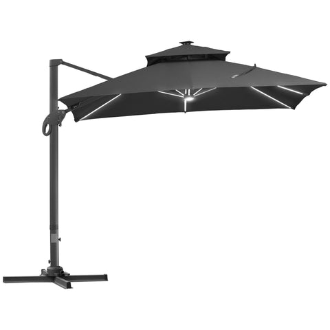 10FT Cantilever Patio Umbrella with Solar LED Lights, Double Top Square Outdoor Offset Umbrella with 360° Rotation, 4-Position Tilt, Crank & Cross Base for Garden, Deck, Pool, Dark Gray