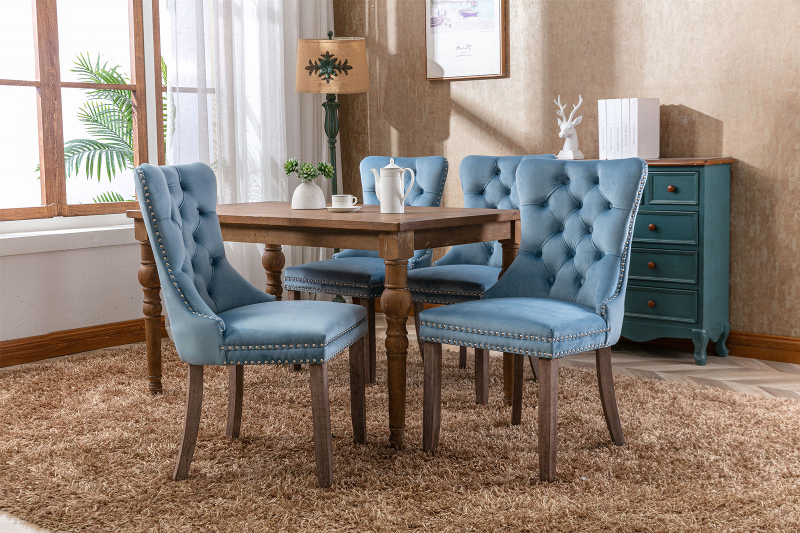 Nikki Collection Modern, High-end Tufted Solid Wood Contemporary Velvet Upholstered Dining Chair with Wood Legs Nailhead Trim 2-Pcs Set,Light Blue, SW2001LB