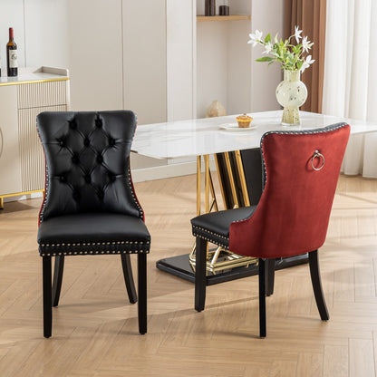 A&A Furniture, Nikki Collection Modern, High-end Tufted Solid Wood Contemporary PU and Velvet Upholstered Dining Chair with Wood Legs Nailhead Trim  2-Pcs Set, Black+WineRed, Burgundy,SW2101BW