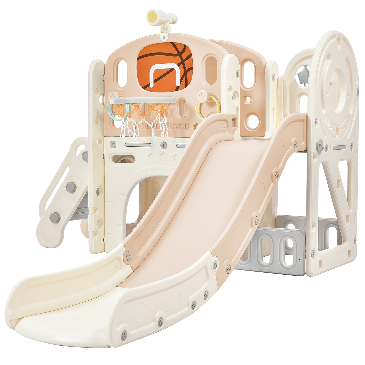 Kids Slide Playset Structure, Freestanding Castle Climbing Crawling Playhouse with Slide, Arch Tunnel, Ring Toss, and Basketball Hoop, Toy Storage Organizer for Toddlers, Kids Climbers Playground