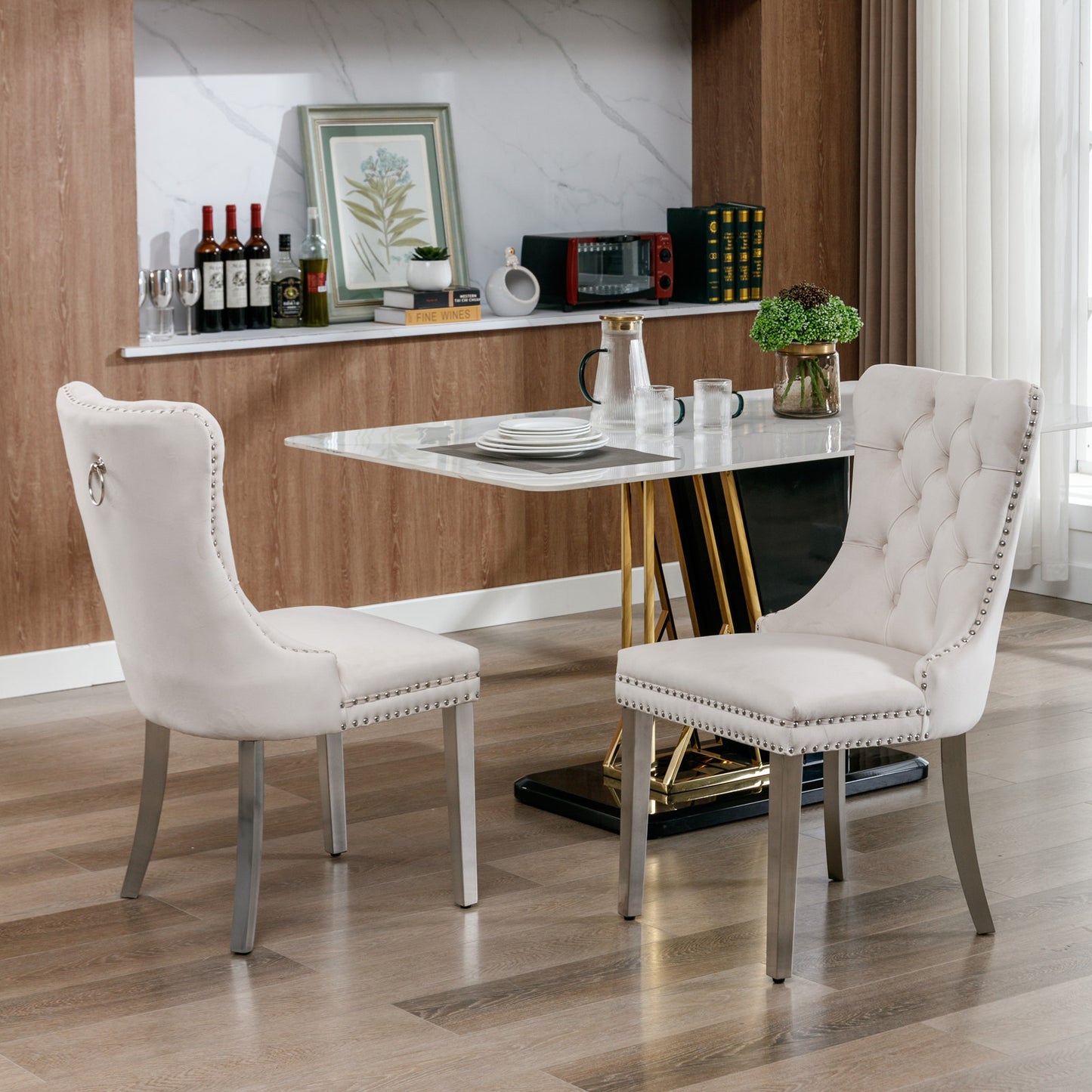 Nikki Collection Modern, High-end Tufted Solid Wood Contemporary Velvet Upholstered Dining Chair with Chrome Stainless Steel Plating Legs,Nailhead Trim,Set of 2，Beige and Chrome, SW1701BG