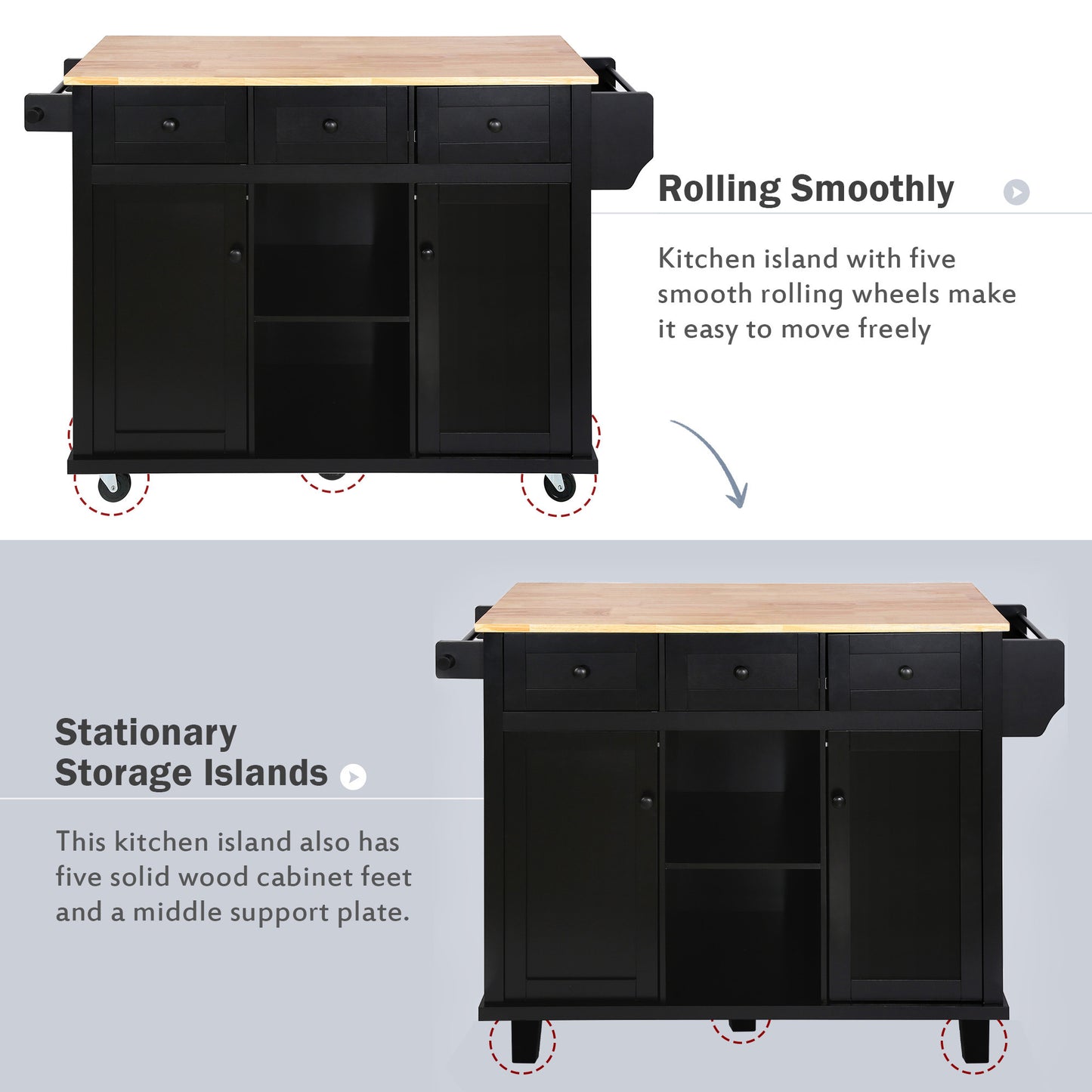 Kitchen Cart with Rubber wood Drop-Leaf Countertop ,Cabinet door internal storage racks,Kitchen Island on 5 Wheels with Storage Cabinet and 3 Drawers for Dinning Room, Black