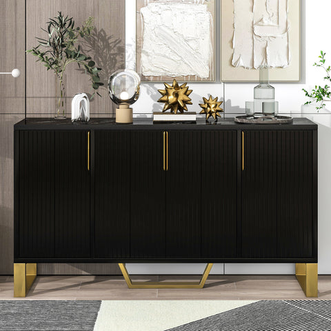 TREXM Modern sideboard with Four Doors, Metal handles & Legs and Adjustable Shelves Kitchen Cabinet (Black)