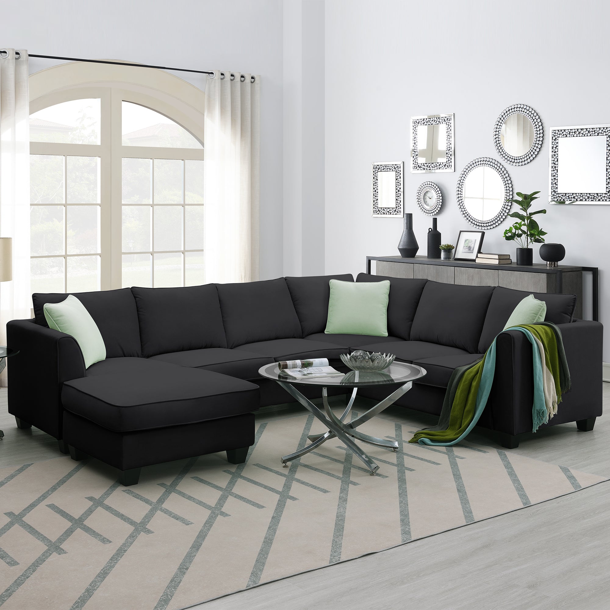 [VIDEO provided] 112*87" Sectional Sofa Couches Living Room Sets, 7 Seats Modular Sectional Sofa with Ottoman, L Shape Fabric Sofa Corner Couch Set with 3 Pillows, Black(New of GS008210AAB)