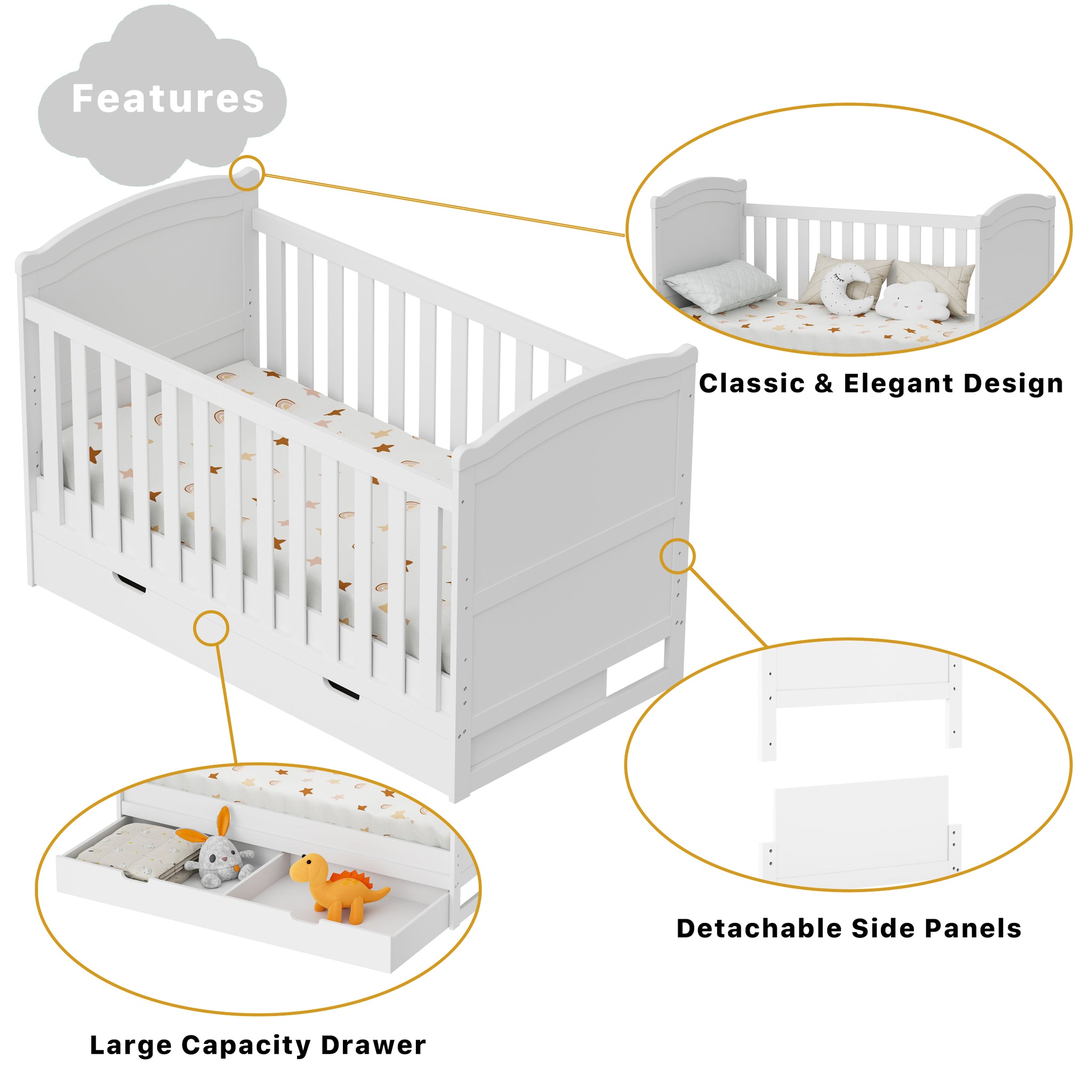 Glavbiku 3-in-1 Baby Convertible Crib with Drawer,Baby Bed