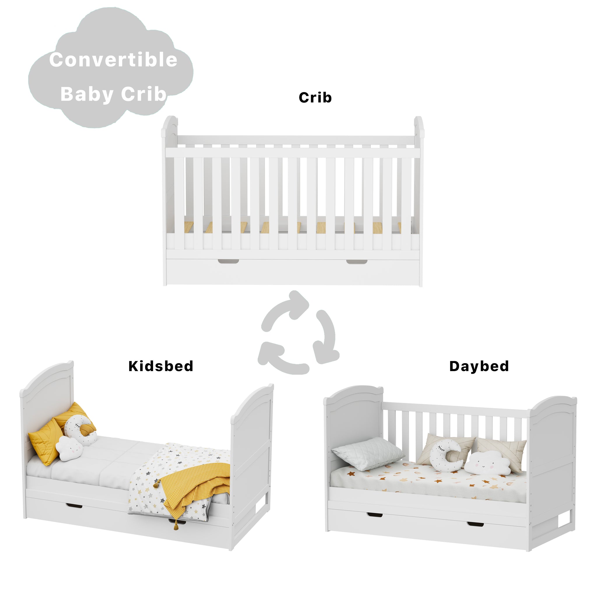 Glavbiku 3-in-1 Baby Convertible Crib with Drawer,Baby Bed