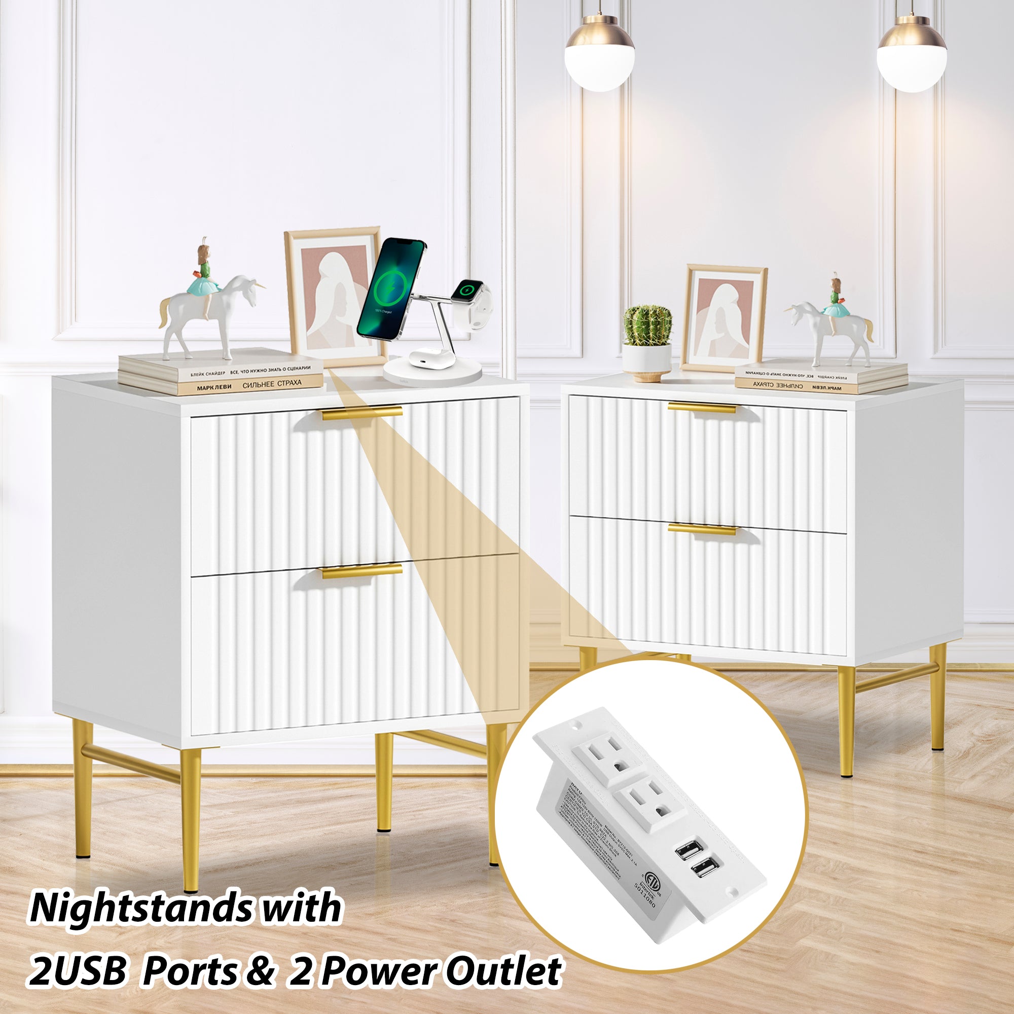 Glavbiku Modern 2 Drawers Nightstands,Wood Bedside Table with Charging,White,Adult