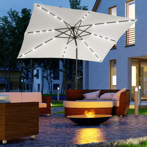 Outsunny 9' x 7' Solar Umbrella, LED Lighted Patio Umbrella for Table or Base with Tilt & Crank, Outdoor Umbrella for Garden, Deck, Backyard, Pool, Beach, White